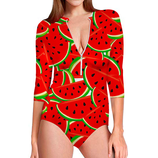 Cute Watermelon Pieces Pattern Print Long Sleeve Swimsuit