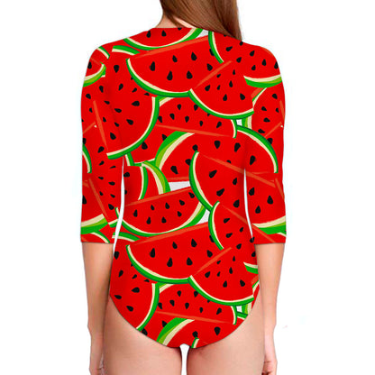 Cute Watermelon Pieces Pattern Print Long Sleeve Swimsuit