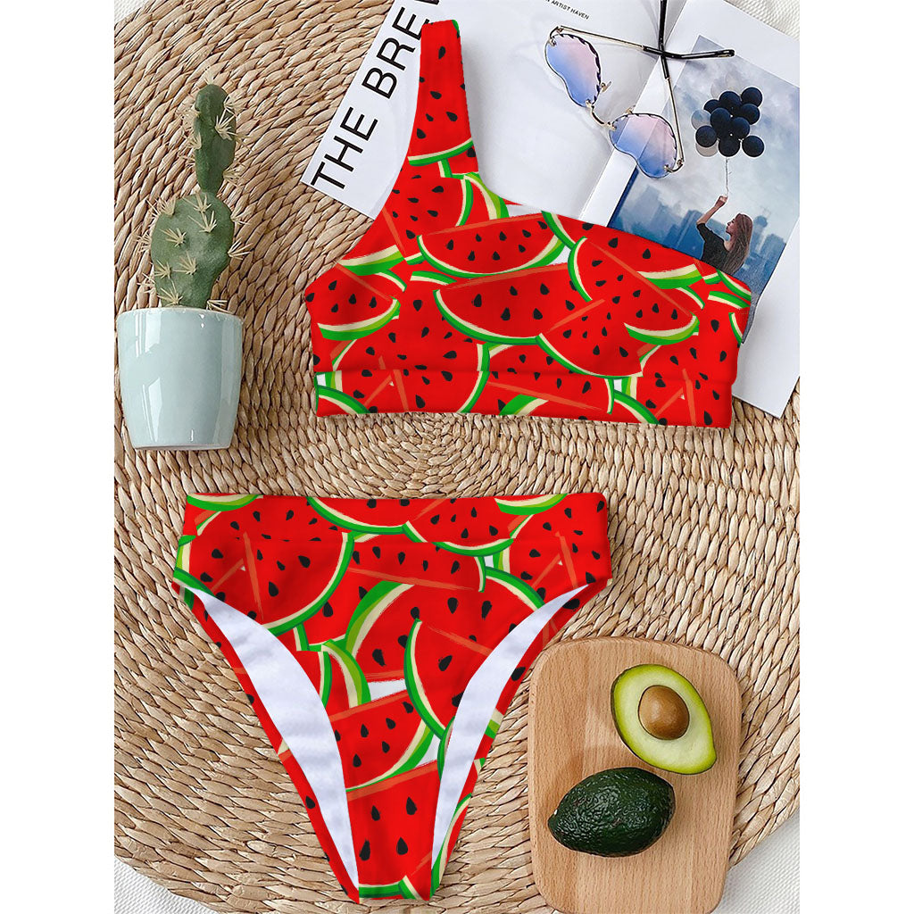 Cute Watermelon Pieces Pattern Print One Shoulder Bikini Top