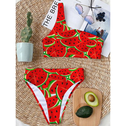Cute Watermelon Pieces Pattern Print One Shoulder Bikini Top