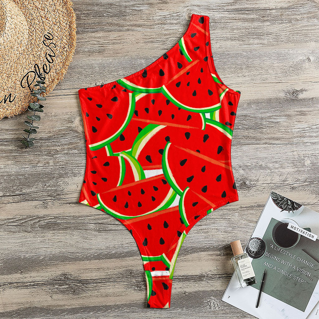 Cute Watermelon Pieces Pattern Print One Shoulder Bodysuit