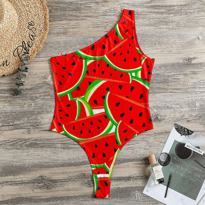 Cute Watermelon Pieces Pattern Print One Shoulder Bodysuit