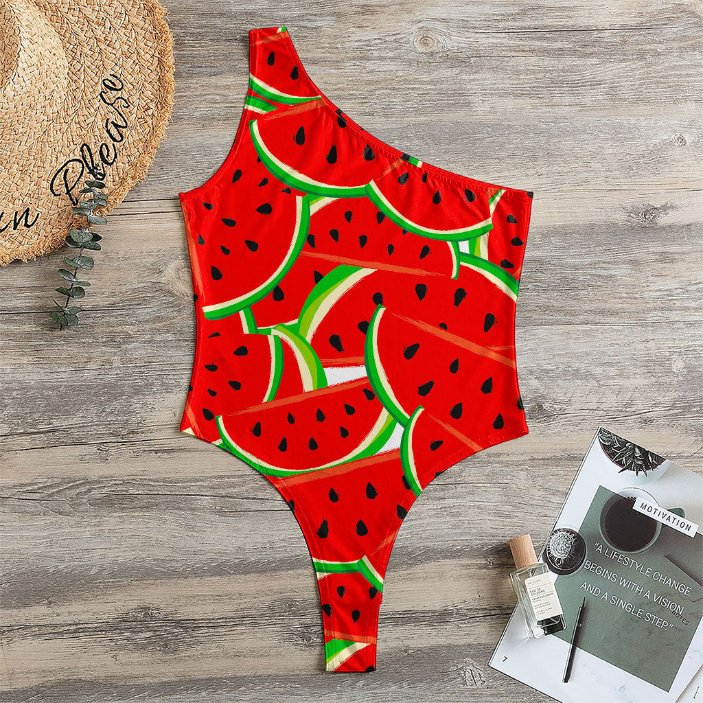 Cute Watermelon Pieces Pattern Print One Shoulder Bodysuit