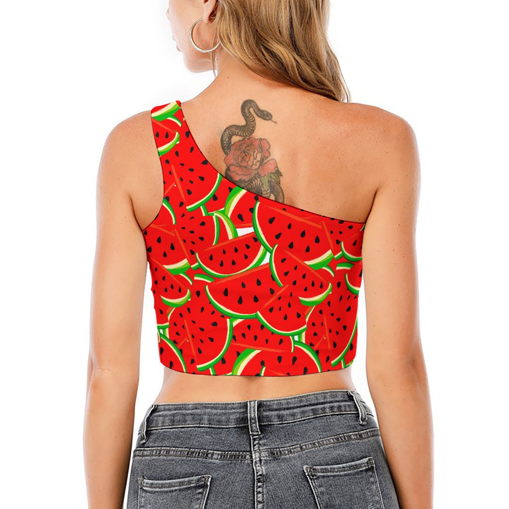 Cute Watermelon Pieces Pattern Print One Shoulder Crop Top