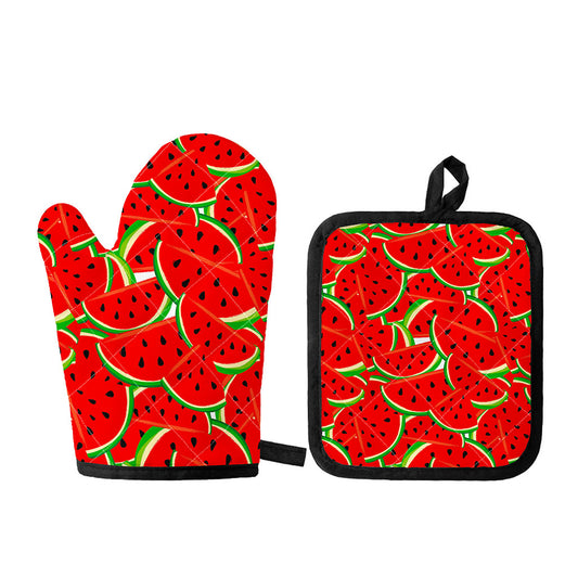 Cute Watermelon Pieces Pattern Print Oven Mitt And Pot Holder Set