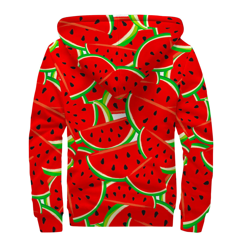 Cute Watermelon Pieces Pattern Print Sherpa Lined Zip Up Hoodie