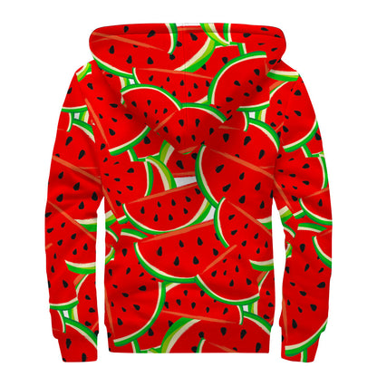 Cute Watermelon Pieces Pattern Print Sherpa Lined Zip Up Hoodie