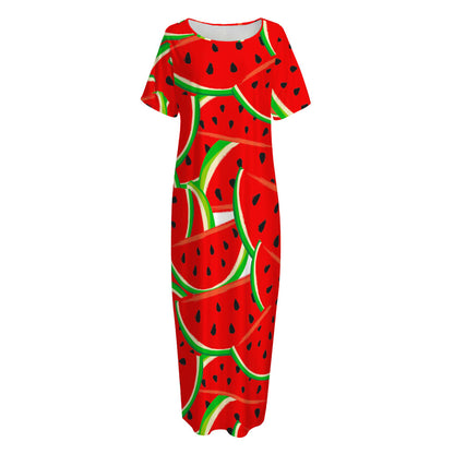 Cute Watermelon Pieces Pattern Print Short Sleeve Long Nightdress