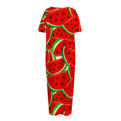 Cute Watermelon Pieces Pattern Print Short Sleeve Long Nightdress