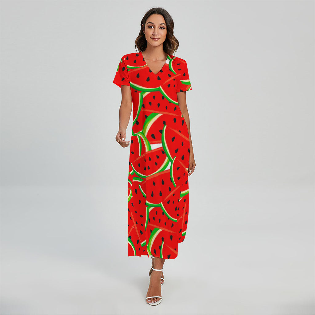 Cute Watermelon Pieces Pattern Print Short Sleeve Maxi Dress
