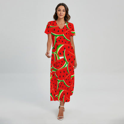 Cute Watermelon Pieces Pattern Print Short Sleeve Maxi Dress