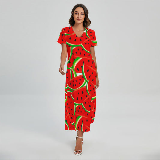 Cute Watermelon Pieces Pattern Print Short Sleeve Maxi Dress
