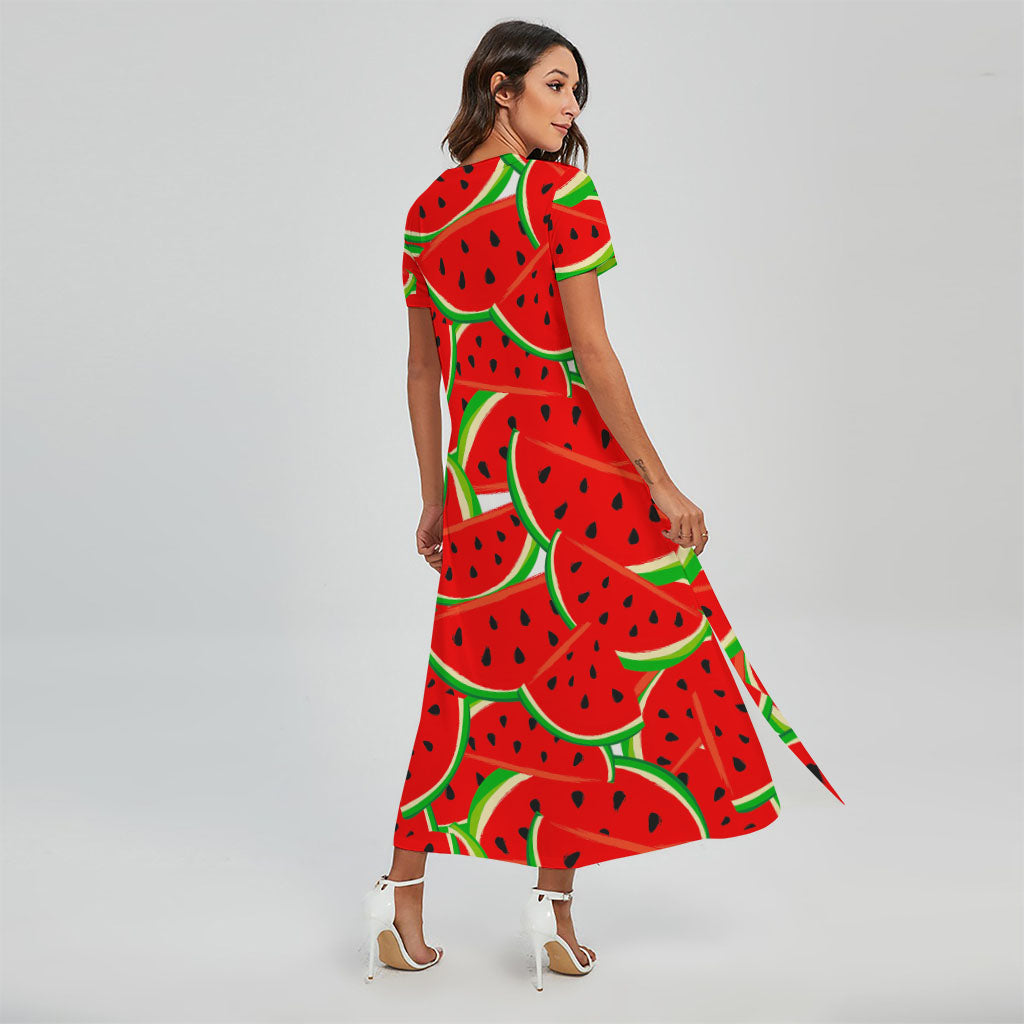Cute Watermelon Pieces Pattern Print Short Sleeve Maxi Dress