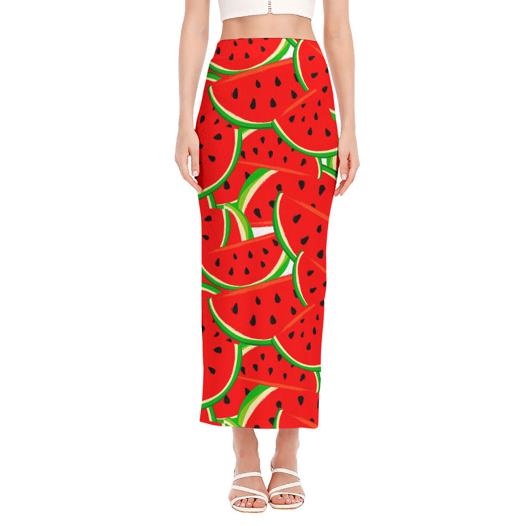 Cute Watermelon Pieces Pattern Print Side Slit Maxi Skirt