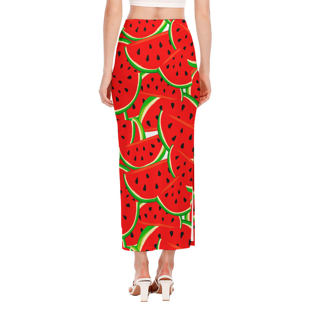 Cute Watermelon Pieces Pattern Print Side Slit Maxi Skirt