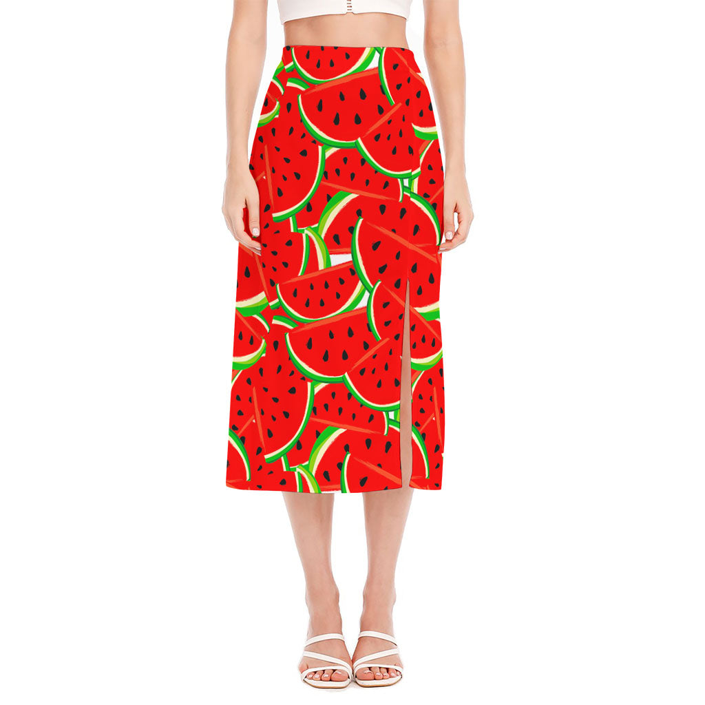 Cute Watermelon Pieces Pattern Print Side Slit Midi Skirt