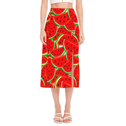 Cute Watermelon Pieces Pattern Print Side Slit Midi Skirt