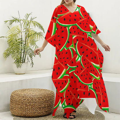 Cute Watermelon Pieces Pattern Print Silk V-Neck Kaftan Dress