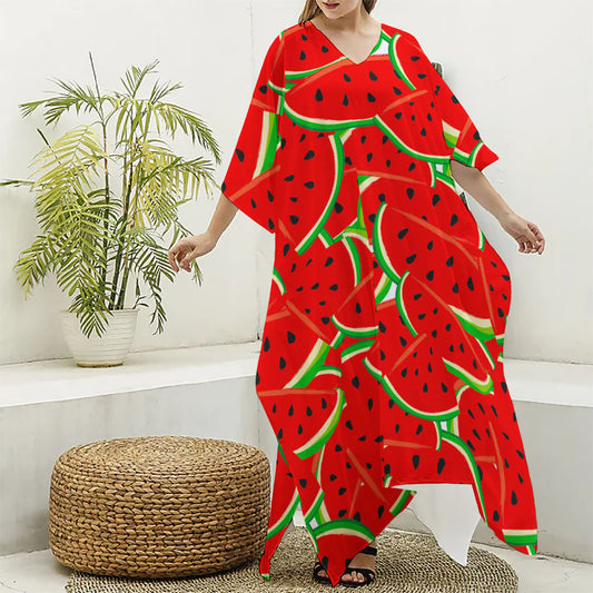 Cute Watermelon Pieces Pattern Print Silk V-Neck Kaftan Dress