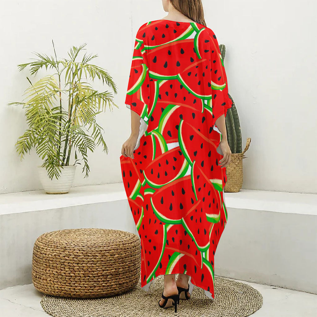 Cute Watermelon Pieces Pattern Print Silk V-Neck Kaftan Dress