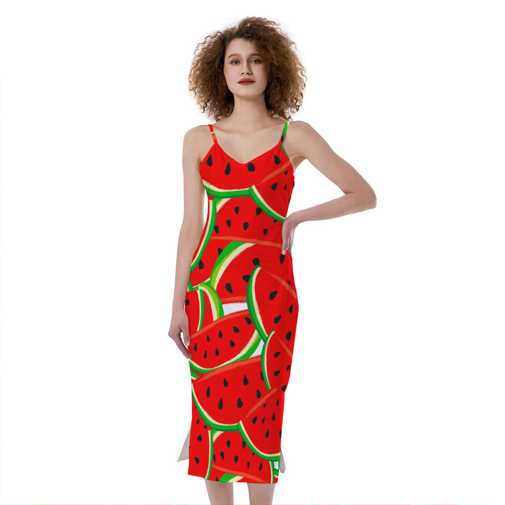 Cute Watermelon Pieces Pattern Print Slim Fit Midi Cami Dress
