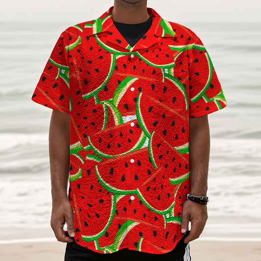 Cute Watermelon Pieces Pattern Print Textured Short Sleeve Shirt