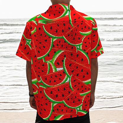 Cute Watermelon Pieces Pattern Print Textured Short Sleeve Shirt