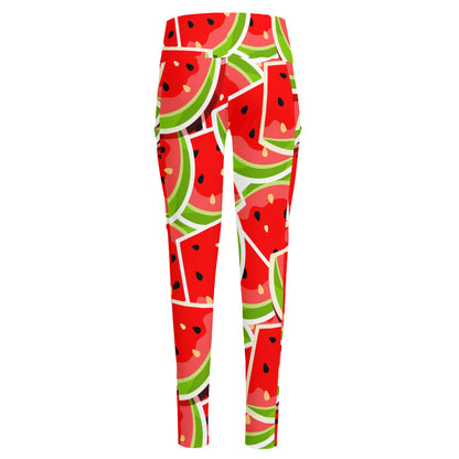 Cute Watermelon Slices Pattern Print High-Waisted Pocket Leggings