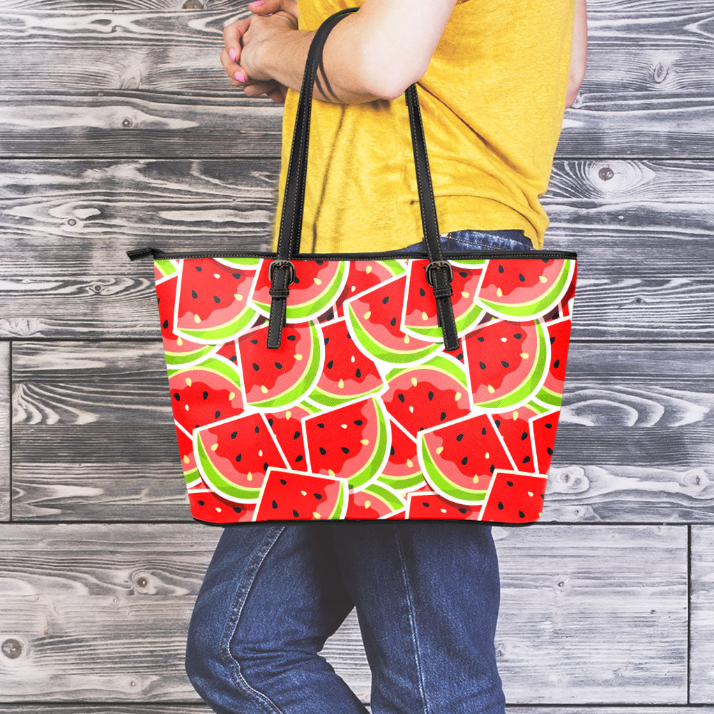 Cute Watermelon Slices Pattern Print Leather Tote Bag