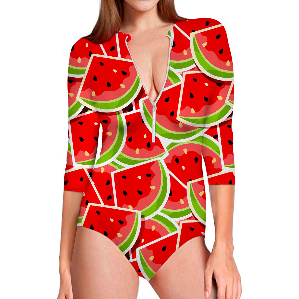 Cute Watermelon Slices Pattern Print Long Sleeve Swimsuit