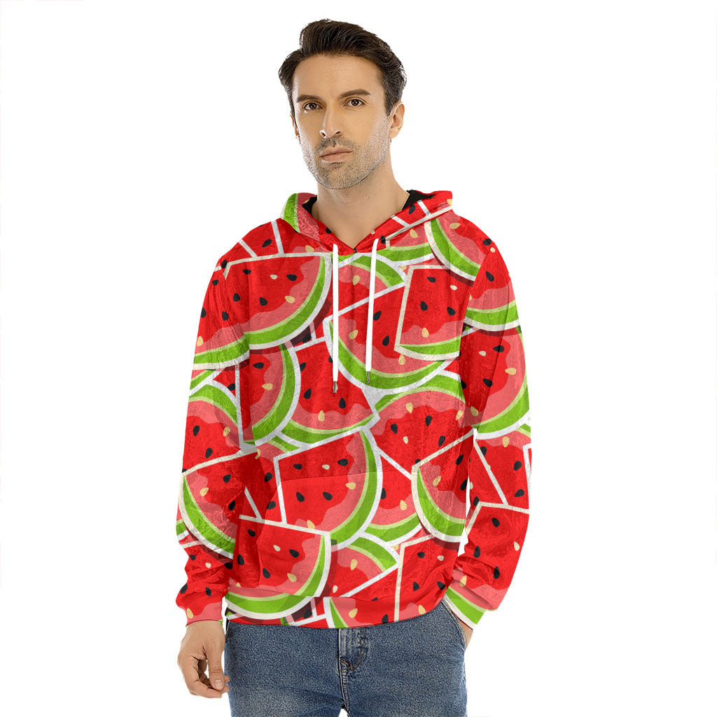 Cute Watermelon Slices Pattern Print Men's Velvet Pullover Hoodie
