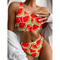 Cute Watermelon Slices Pattern Print One Shoulder Bikini Set