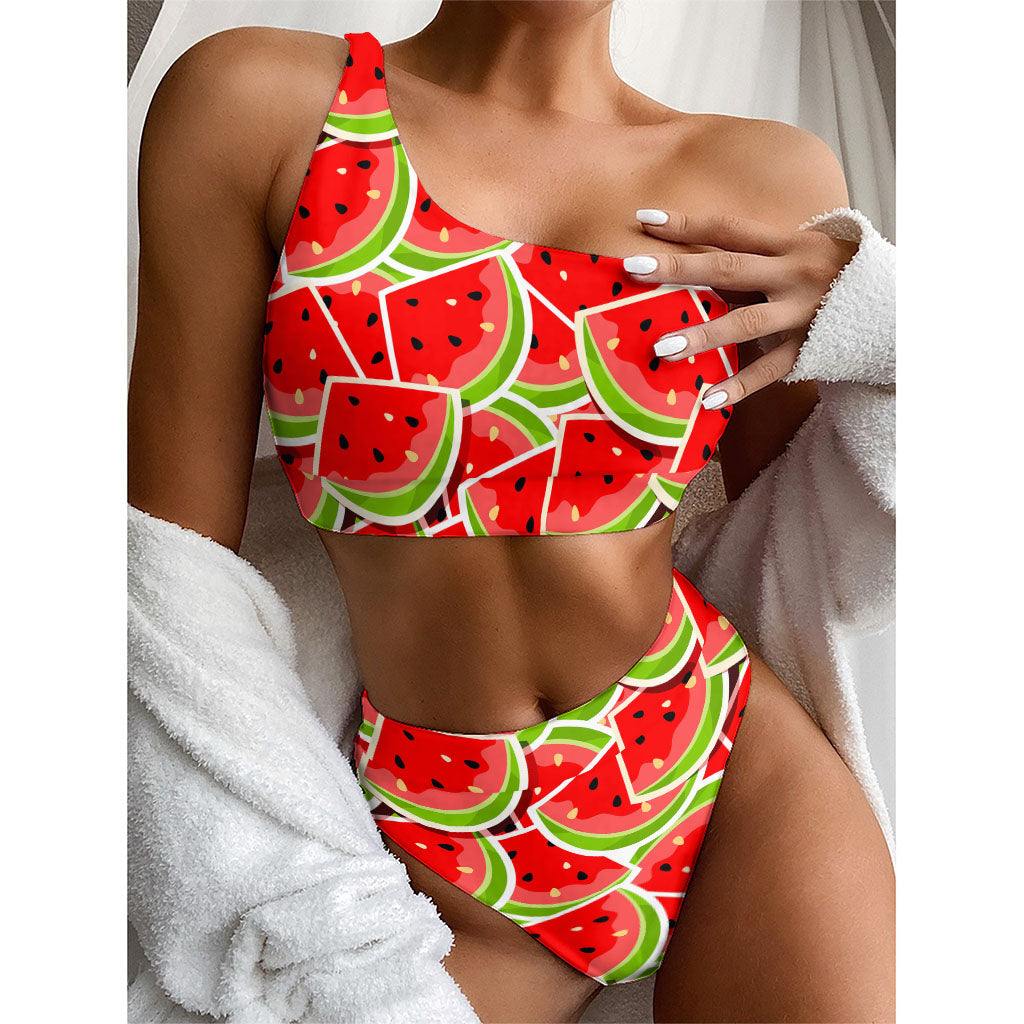 Cute Watermelon Slices Pattern Print One Shoulder Bikini Top