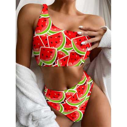 Cute Watermelon Slices Pattern Print One Shoulder Bikini Top