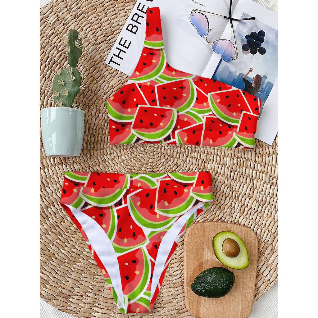 Cute Watermelon Slices Pattern Print One Shoulder Bikini Top
