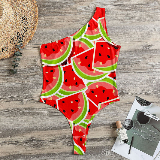 Cute Watermelon Slices Pattern Print One Shoulder Bodysuit