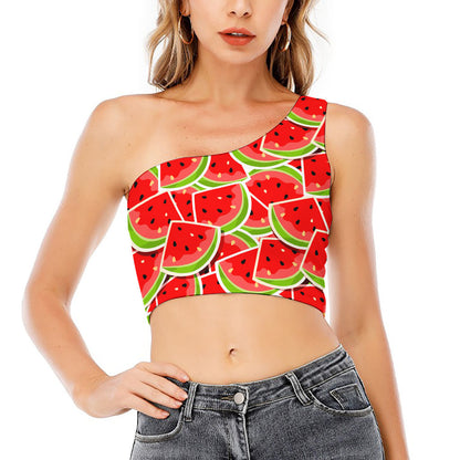 Cute Watermelon Slices Pattern Print One Shoulder Crop Top