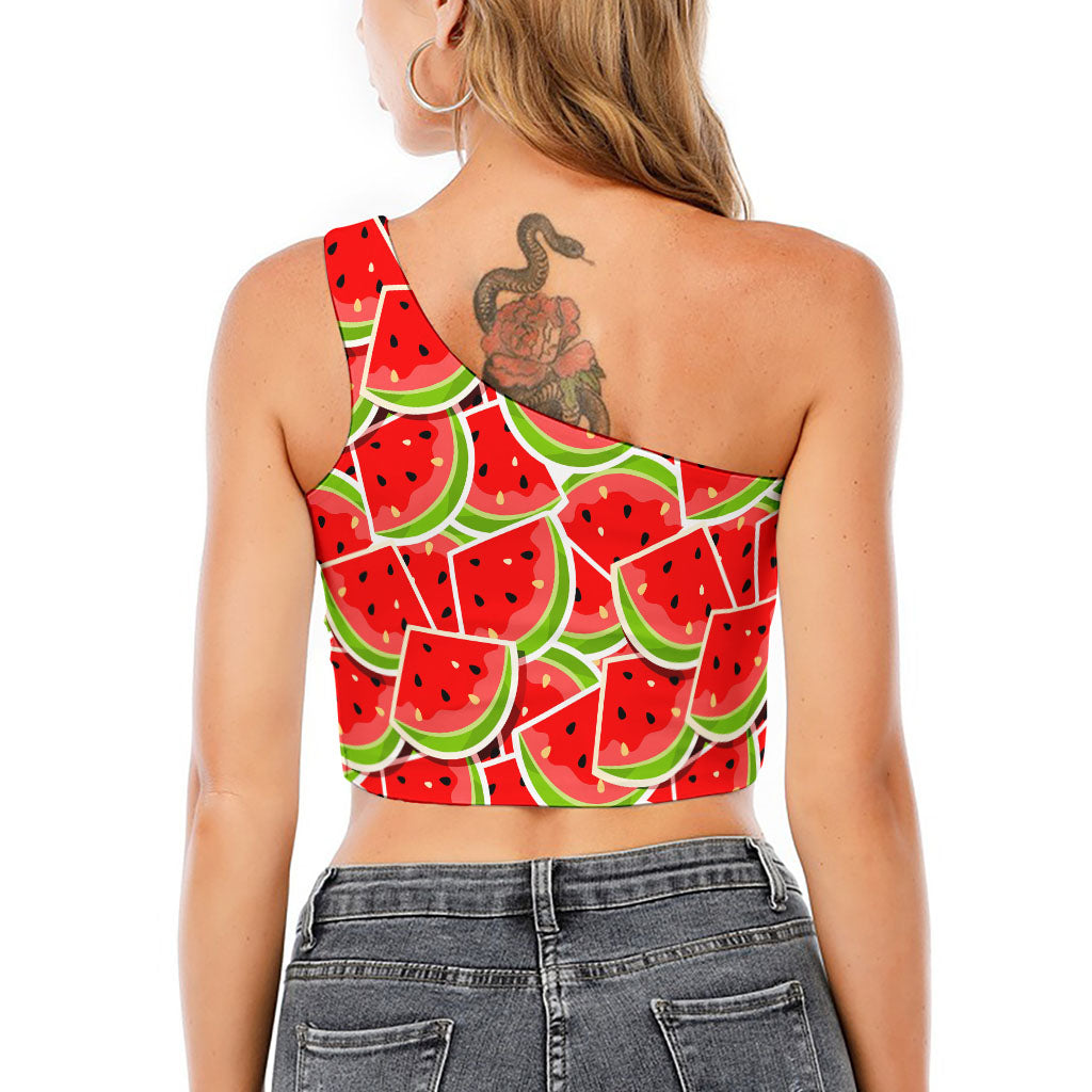 Cute Watermelon Slices Pattern Print One Shoulder Crop Top