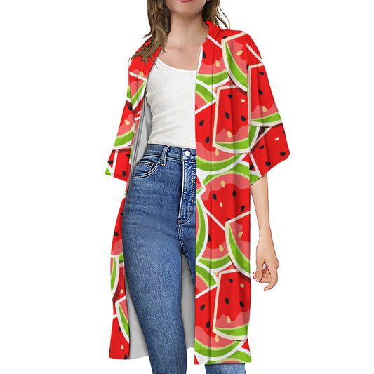 Cute Watermelon Slices Pattern Print Open Front Beach Cover Up