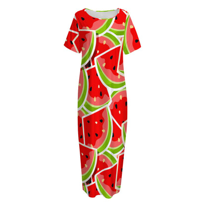 Cute Watermelon Slices Pattern Print Short Sleeve Long Nightdress