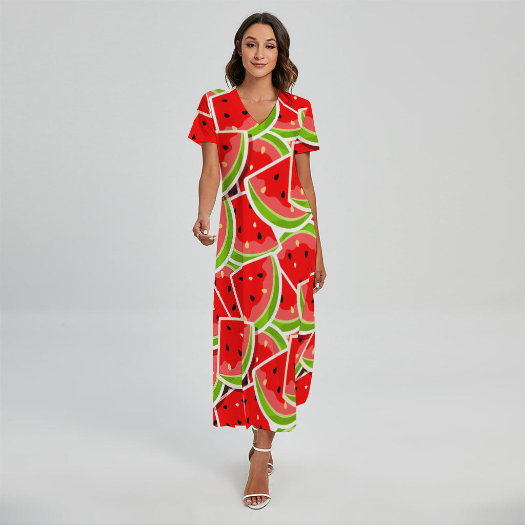 Cute Watermelon Slices Pattern Print Short Sleeve Maxi Dress