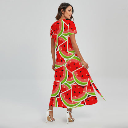Cute Watermelon Slices Pattern Print Short Sleeve Maxi Dress