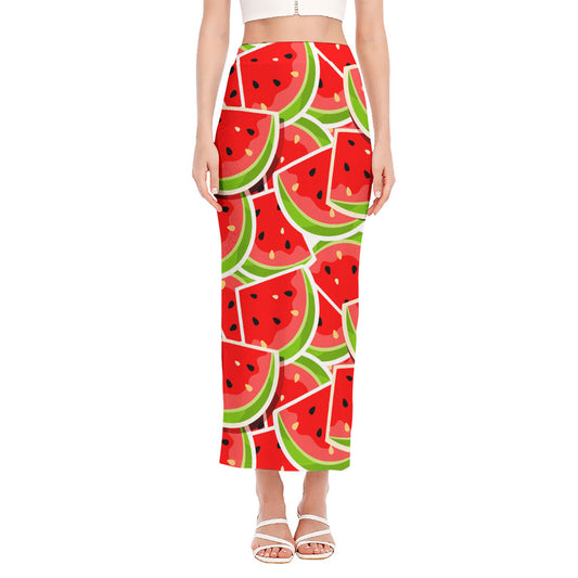 Cute Watermelon Slices Pattern Print Side Slit Maxi Skirt