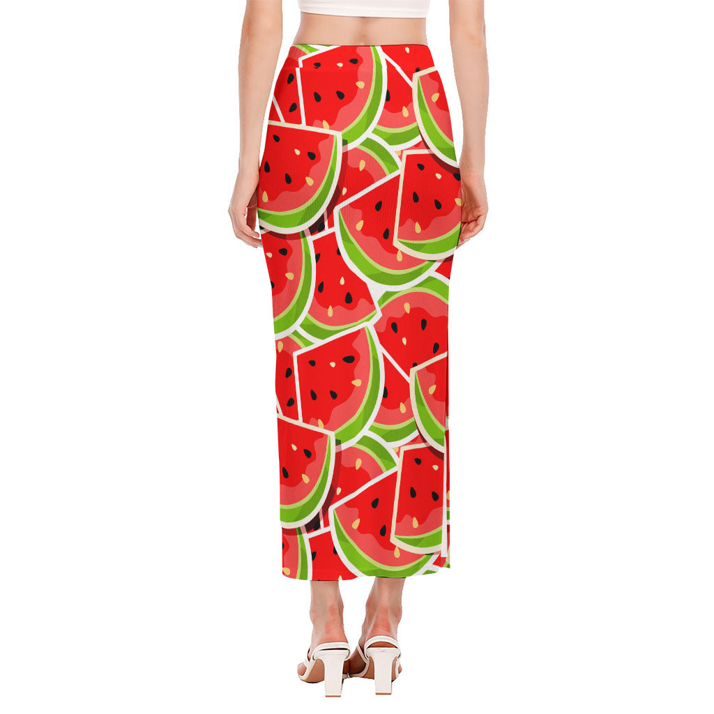 Cute Watermelon Slices Pattern Print Side Slit Maxi Skirt