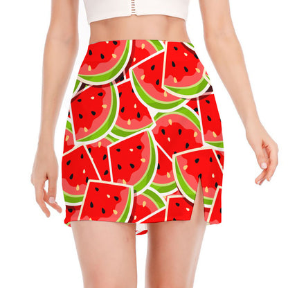 Cute Watermelon Slices Pattern Print Side Slit Mini Skirt