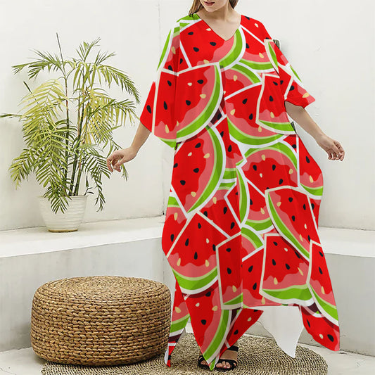 Cute Watermelon Slices Pattern Print Silk V-Neck Kaftan Dress