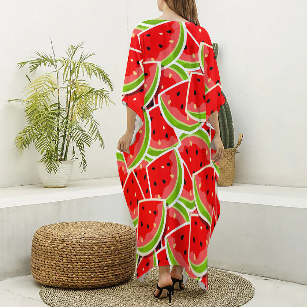 Cute Watermelon Slices Pattern Print Silk V-Neck Kaftan Dress