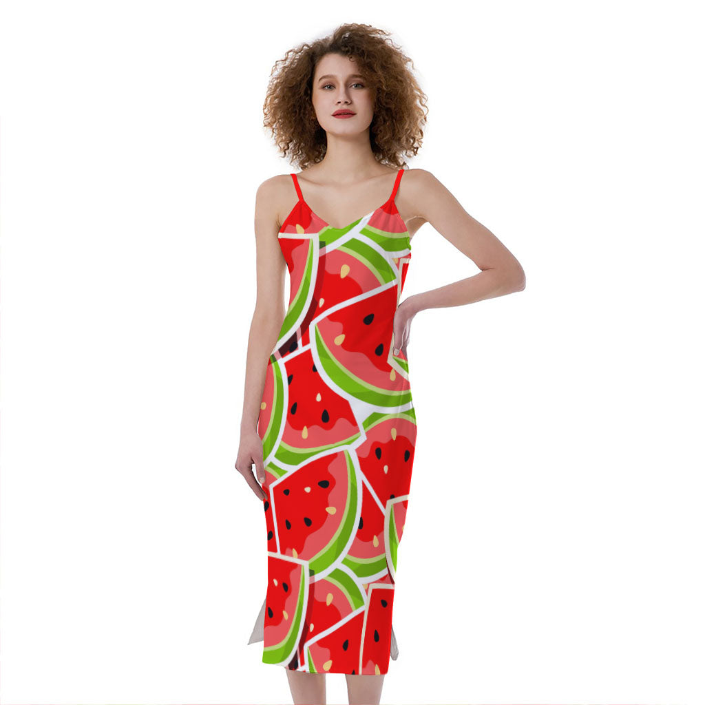 Cute Watermelon Slices Pattern Print Slim Fit Midi Cami Dress