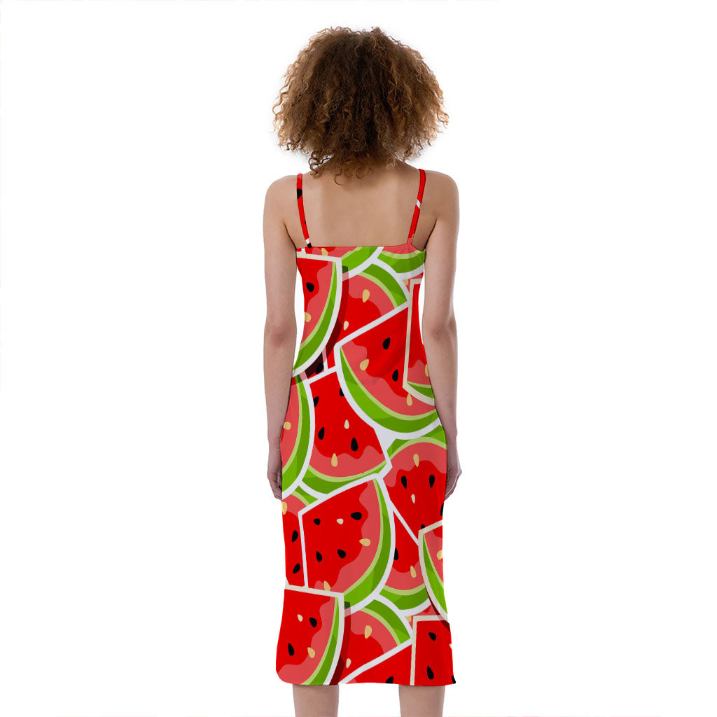 Cute Watermelon Slices Pattern Print Slim Fit Midi Cami Dress