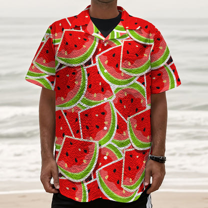 Cute Watermelon Slices Pattern Print Textured Short Sleeve Shirt